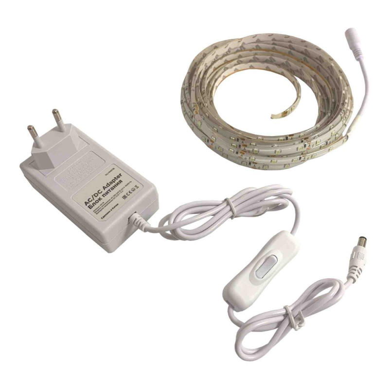 Комплект светодиодной ленты OGM 12В 4,8Вт/м smd3528, 60д/м IP65 220Лм/м 5м 6500К (адаптер питания, коннектор)  SL-26