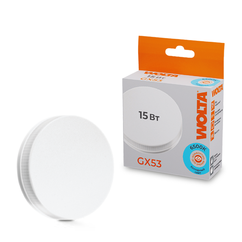 Светодиодная лампа WOLTA 15Вт 6500K GX53 матовая 25W75R15GX53 Светодиодная лампа WOLTA 15Вт 6500K GX53 матовая 25W75R15GX53