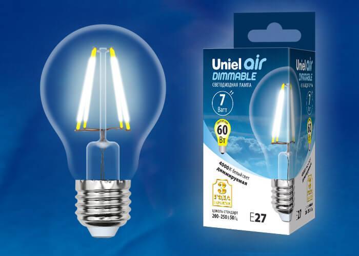 Лампа светодиодная филаментная (UL-00002874) Uniel E27 7W 4000K LED-A60-7W/NW/E27/CL/DIM GLA01TR
