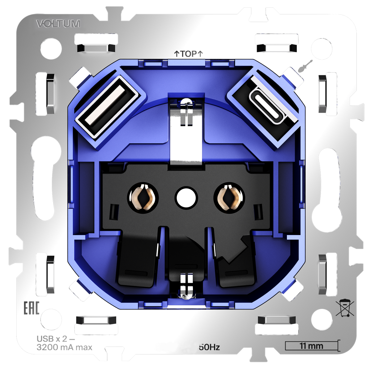 Механизм розетки с заземлением и защитными шторками 16А, с USB A+C Voltum S70 VLS0405M