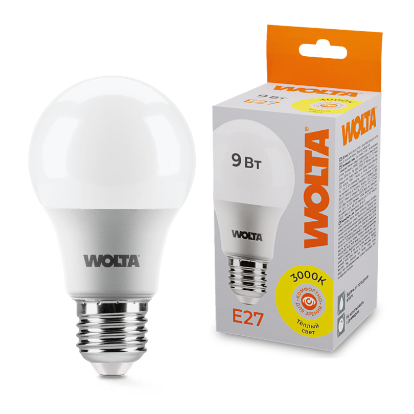 Светодиодная лампа WOLTA 9Вт 3000К E27 груша матовая 25Y60BL9E27