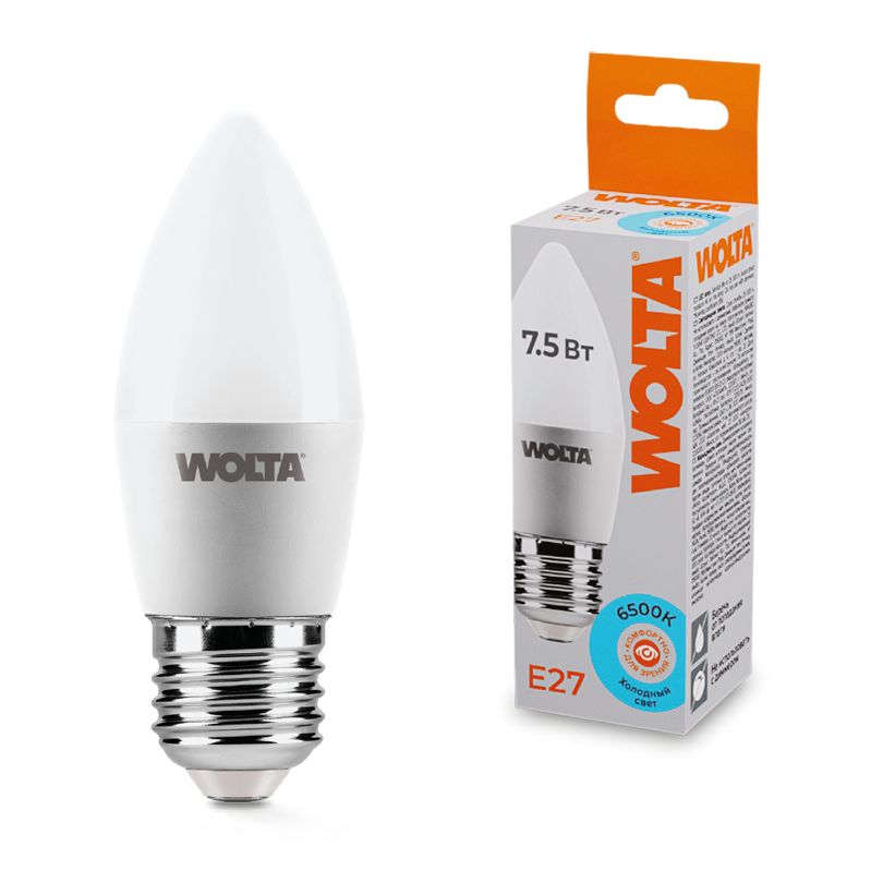 Светодиодная лампа WOLTA 7.5Вт 6500K E27 свеча матовая 25WC7.5E27 Светодиодная лампа WOLTA 7.5Вт 6500K E27 свеча матовая 25WC7.5E27