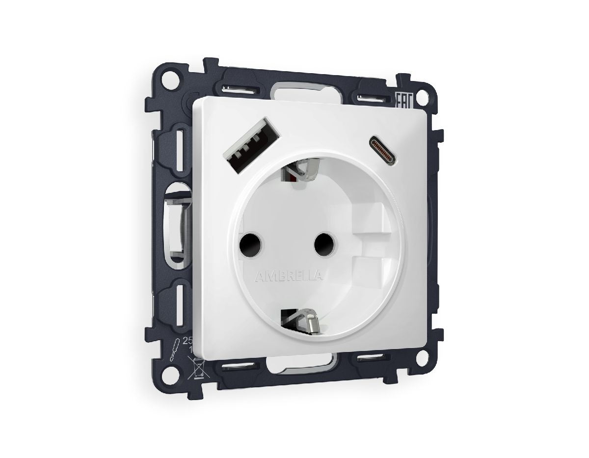 Комплект механизма розетки 2USB A+C 20W (быстрая зарядка) с/з Ambrella Volt Alfa MA130010