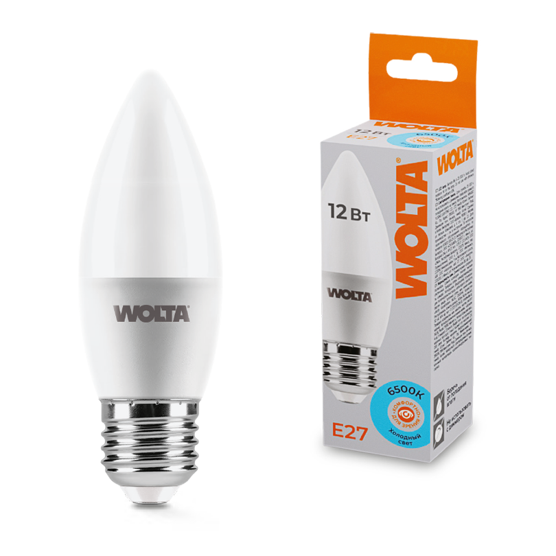 Светодиодная лампа WOLTA 12Вт 6500K Е27 свеча матовая 25WC12E27