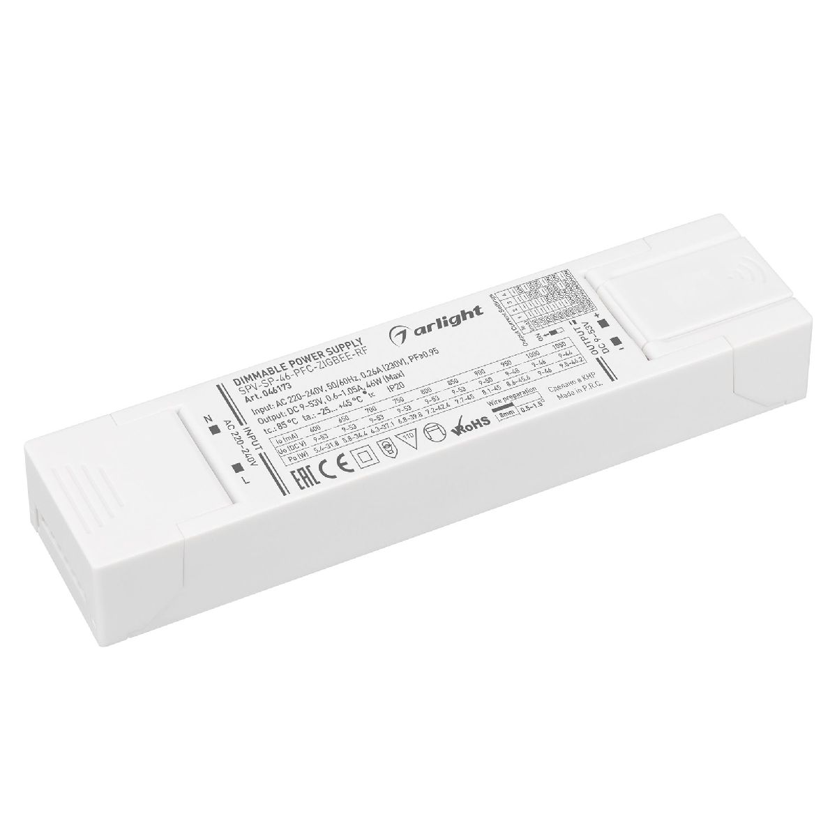 Блок питания Arlight SPV-SP-46-PFC-ZIGBEE-RF (46W, 9-53V, 0.6-1.05A, 2.4GHz) 046173 Блок питания Arlight SPV-SP-46-PFC-ZIGBEE-RF (46W, 9-53V, 0.6-1.05A, 2.4GHz) 046173