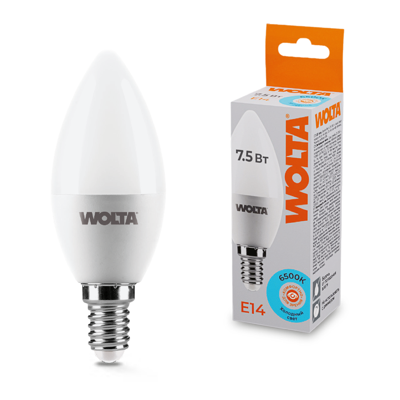 Светодиодная лампа WOLTA 7.5Вт 6500K E14 свеча матовая 25WC7.5E14