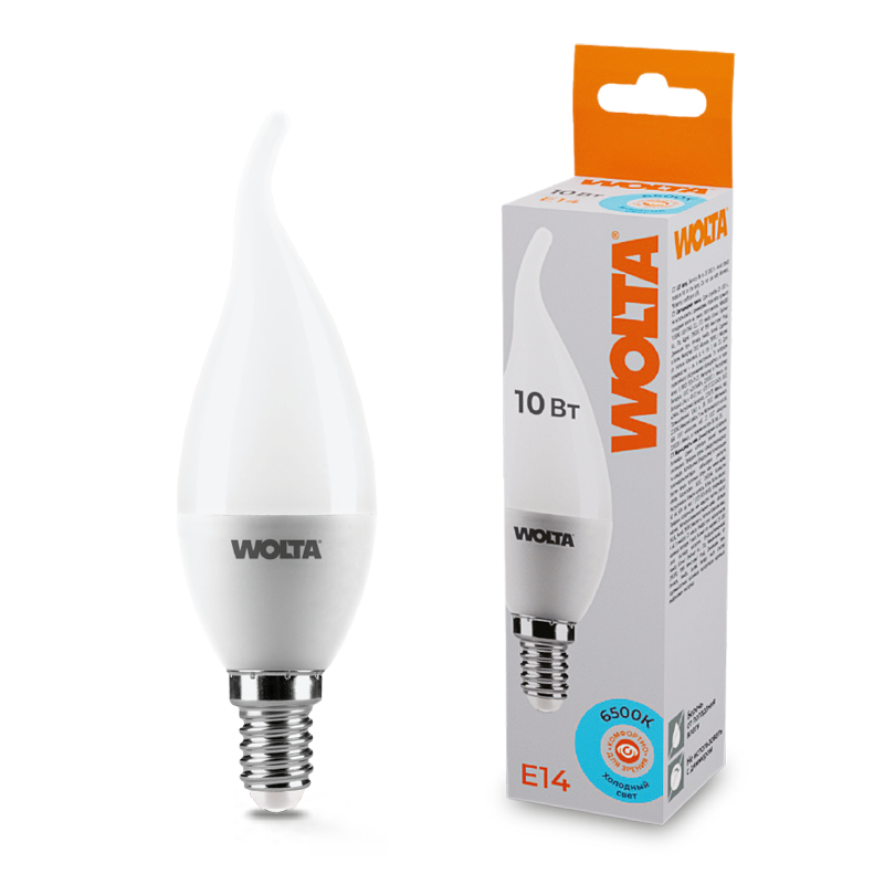 Светодиодная лампа WOLTA 10Вт 6500K E14 свеча на ветру матовая 25WCD10E14