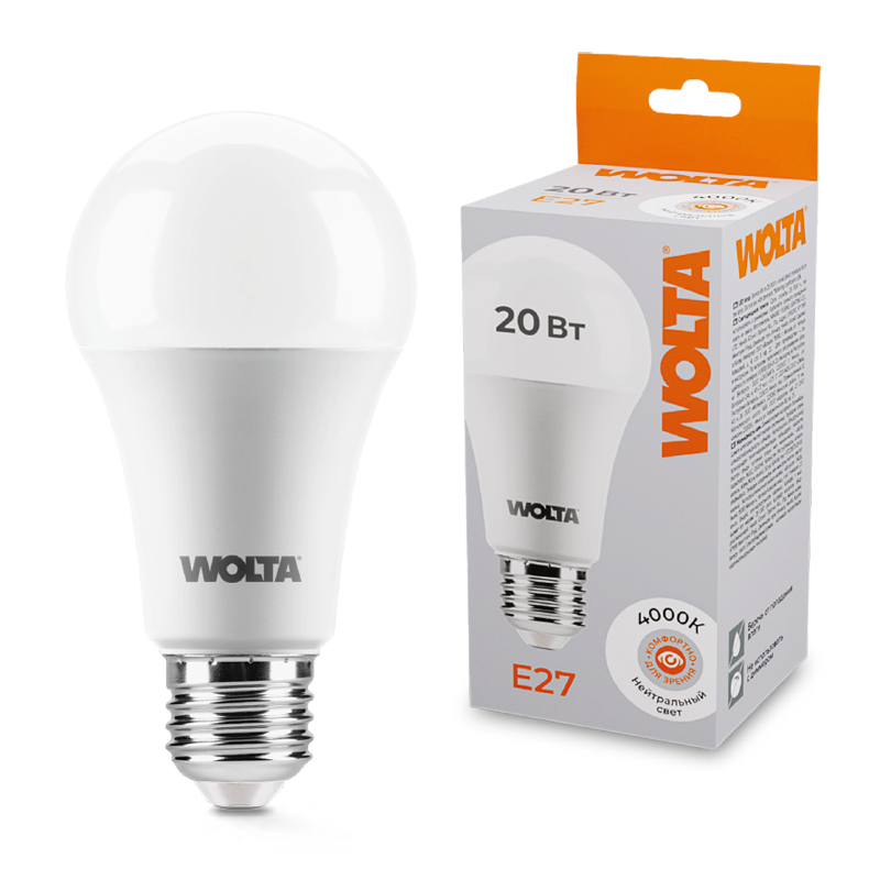Светодиодная лампа WOLTA 20Вт 4000К E27 груша матовая 25S65BL20E27