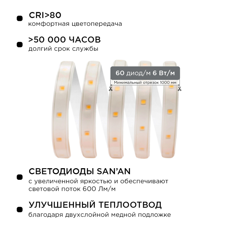 Светодиодная лента Apeyron 220В 6Вт/м smd2835 60д/м IP65 600Лм/м 15м 6500К 10-54