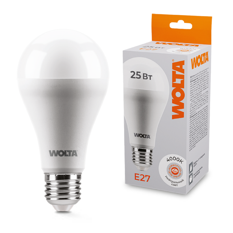 Светодиодная лампа WOLTA 25Вт 4000К E27 груша матовая 25S67BL25E27 Светодиодная лампа WOLTA 25Вт 4000К E27 груша матовая 25S67BL25E27