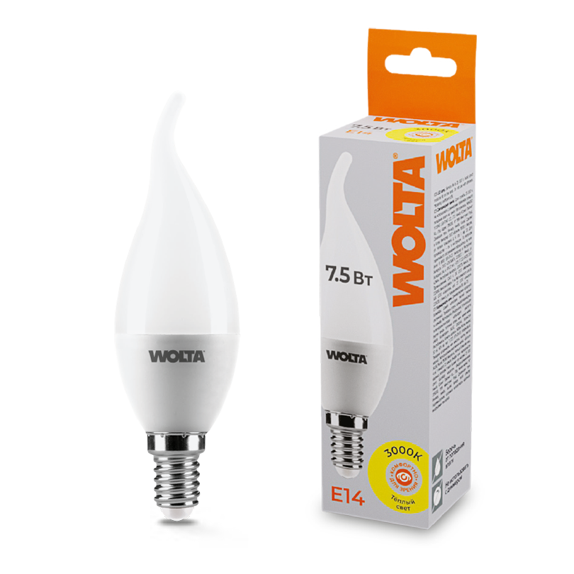 Светодиодная лампа WOLTA 7.5Вт 3000K E14 свеча матовая 25YCD7.5E14