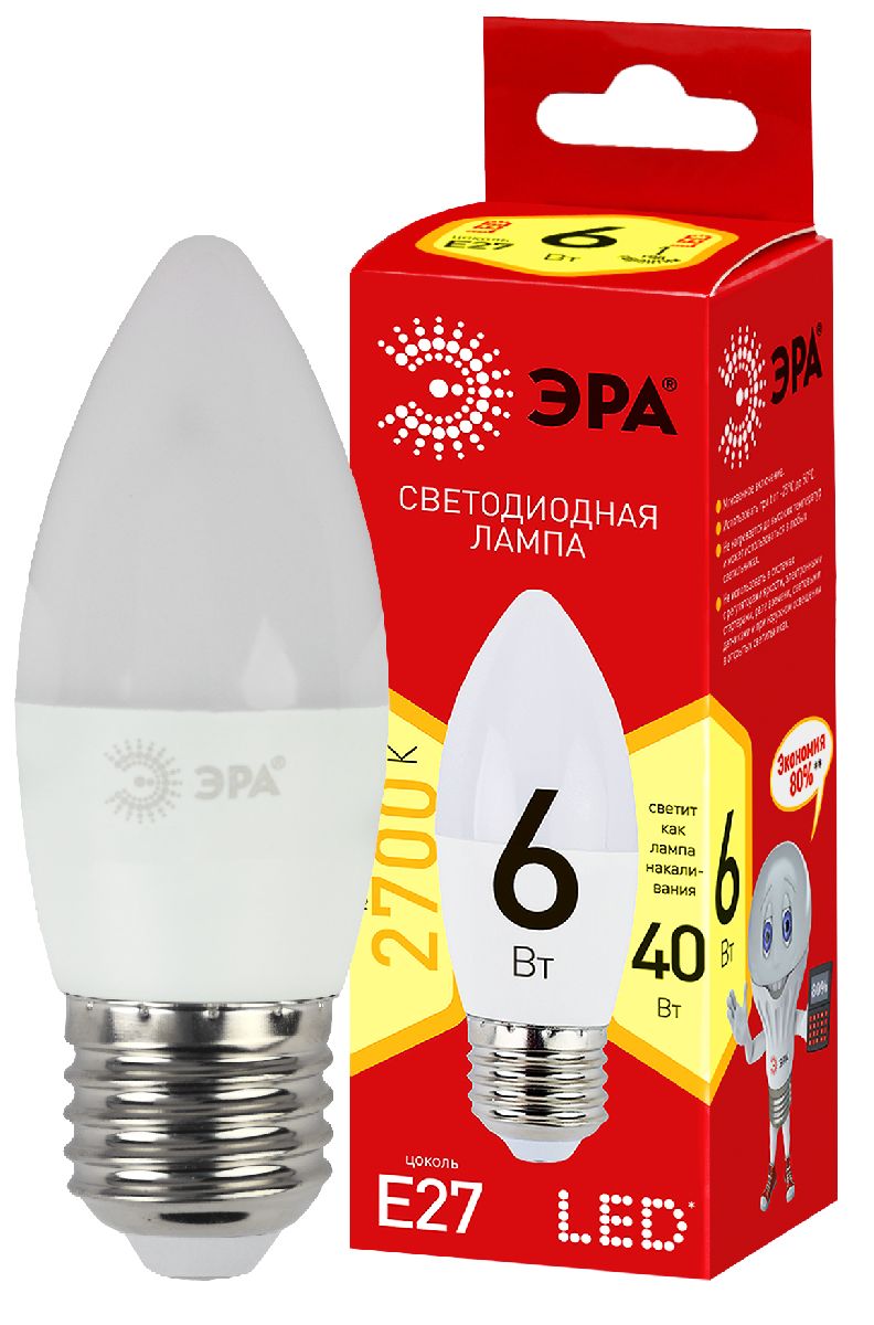 Лампа светодиодная Эра E27 6W 2700K ECO LED B35-6W-827-E27 Б0020620 Лампа светодиодная Эра E27 6W 2700K ECO LED B35-6W-827-E27 Б0020620