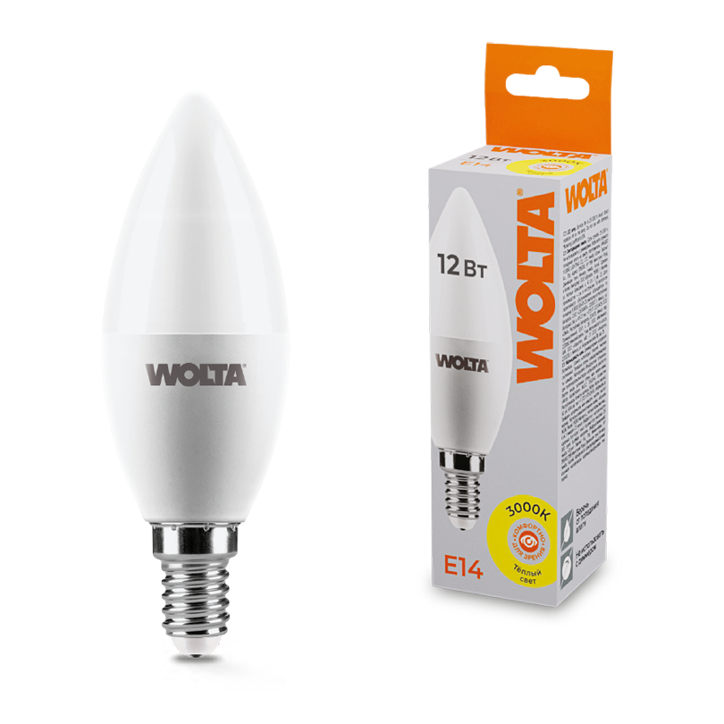 Светодиодная лампа WOLTA 12Вт 3000K Е14 свеча матовая 25YC12E14