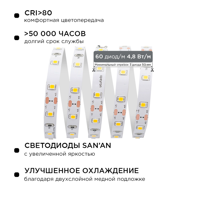 Комплект светодиодной ленты Apeyron 12В (блок, коннектор) 4.8Вт/м smd 3528 60 д/м IP20 5м 3000K (блок, коннектор) 10-11
