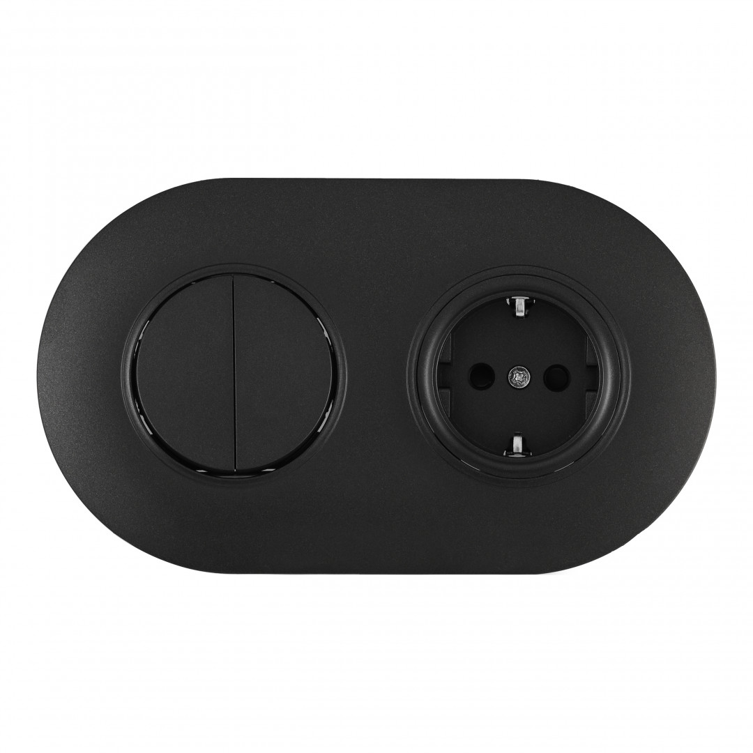 Выключатель круглый двухклавишный с розеткой с/з и шторками Arte Milano SET08-2-40-1-30-2 black