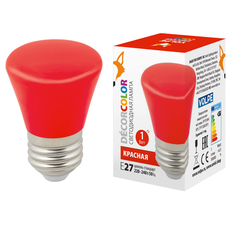 Лампа светодиодная Volpe Decor color LED-D45-1W/RED/E27/FR/С BELL UL-00005638 Лампа светодиодная Volpe Decor color LED-D45-1W/RED/E27/FR/С BELL UL-00005638