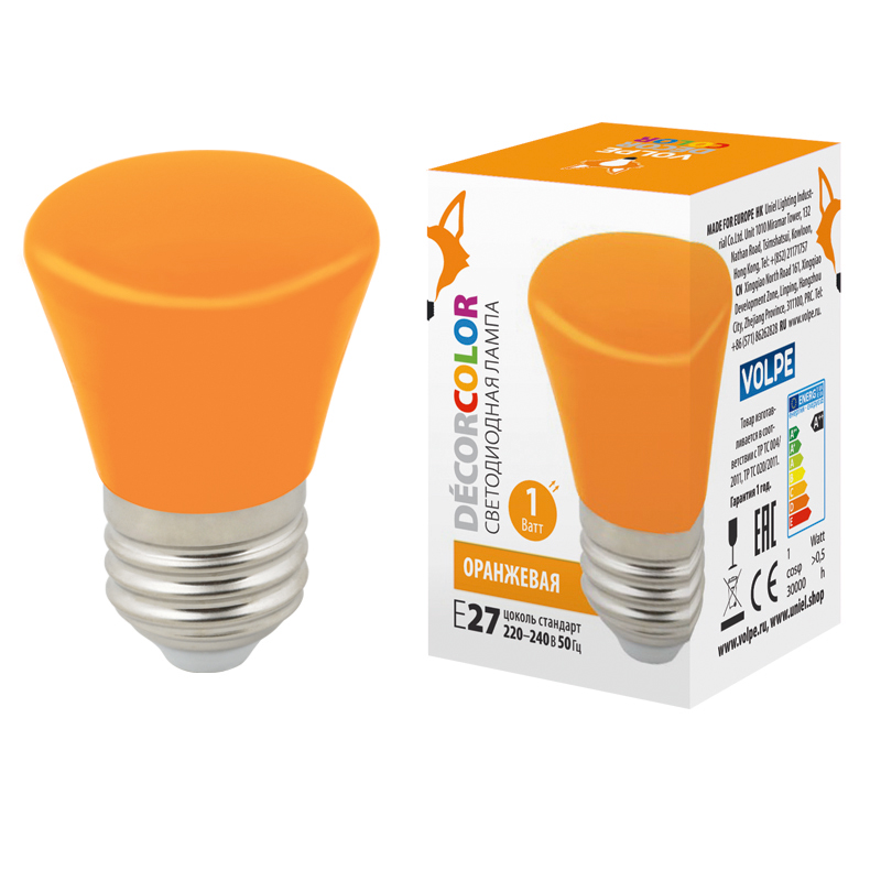 Лампа светодиодная Volpe Decor color LED-D45-1W/ORANGE/E27/FR/С BELL UL-00005642 Лампа светодиодная Volpe Decor color LED-D45-1W/ORANGE/E27/FR/С BELL UL-00005642