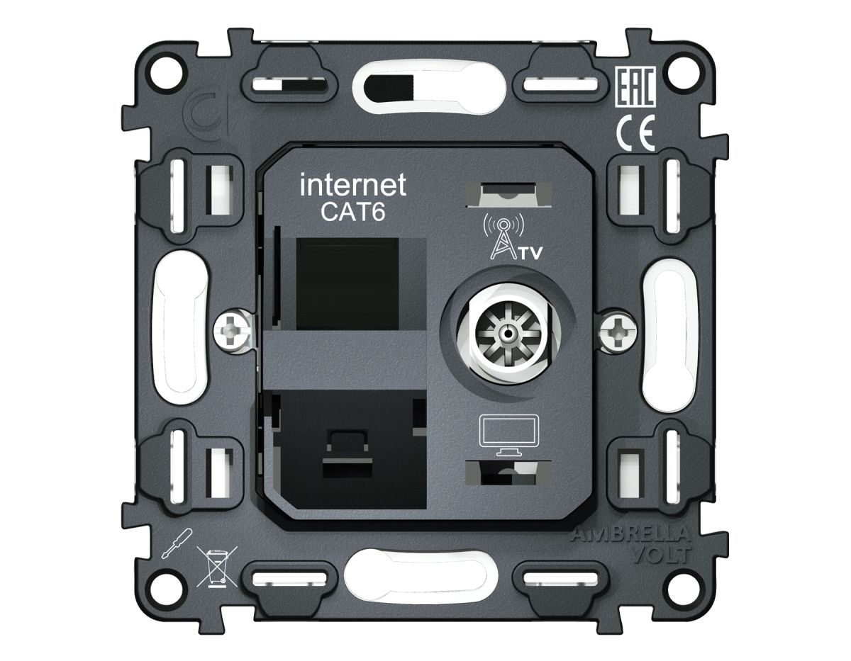 Механизм розетки компьютерной + TV оконечной RJ-45 (8P8C) CAT6/50-870 MHz 1dB с автоматической защитной шторкой QUANT Ambrella Volt VM195