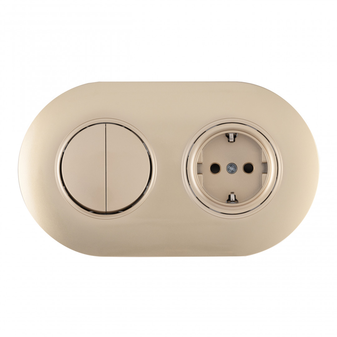 Выключатель круглый двухклавишный с розеткой с/з и шторками Arte Milano SET08-2-40-1-30-2 shampan