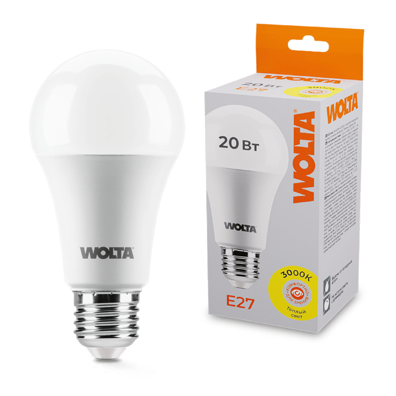 Светодиодная лампа WOLTA 20Вт 3000К E27 груша матовая 25Y65BL20E27