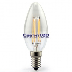 Лампа LED E27(свеча), 5W, 220V, теплый 3000К, 450Lm, филаментная