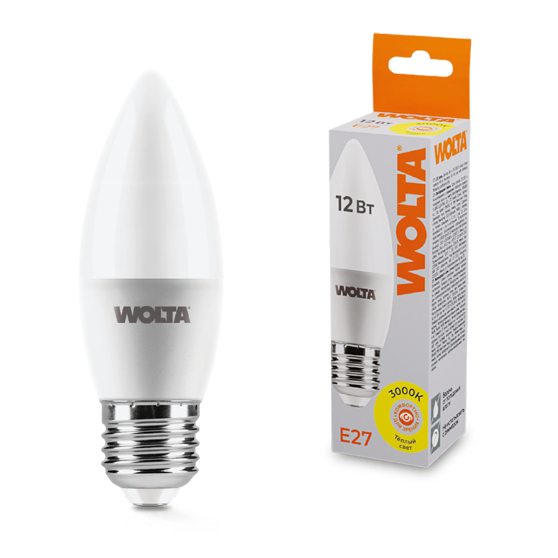 Светодиодная лампа WOLTA 12Вт 3000K Е27 свеча матовая 25YC12E27
