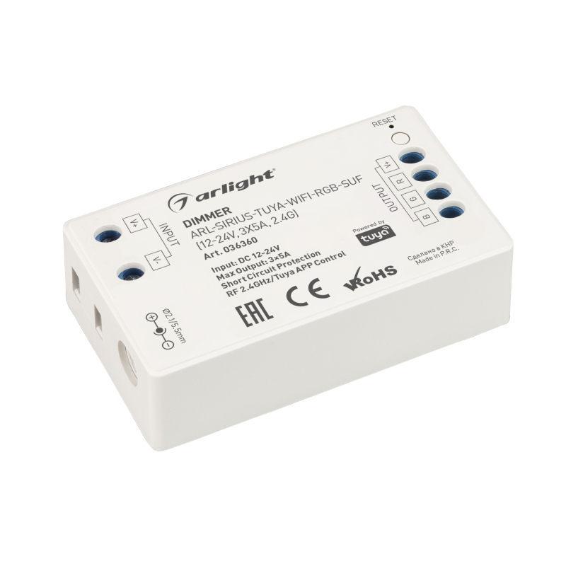Диммер Arlight ARL-Sirius-Tuya-WIFI-RGB-SUF (12-24V, 3x5A, 2.4G) 036360 Диммер Arlight ARL-Sirius-Tuya-WIFI-RGB-SUF (12-24V, 3x5A, 2.4G) 036360