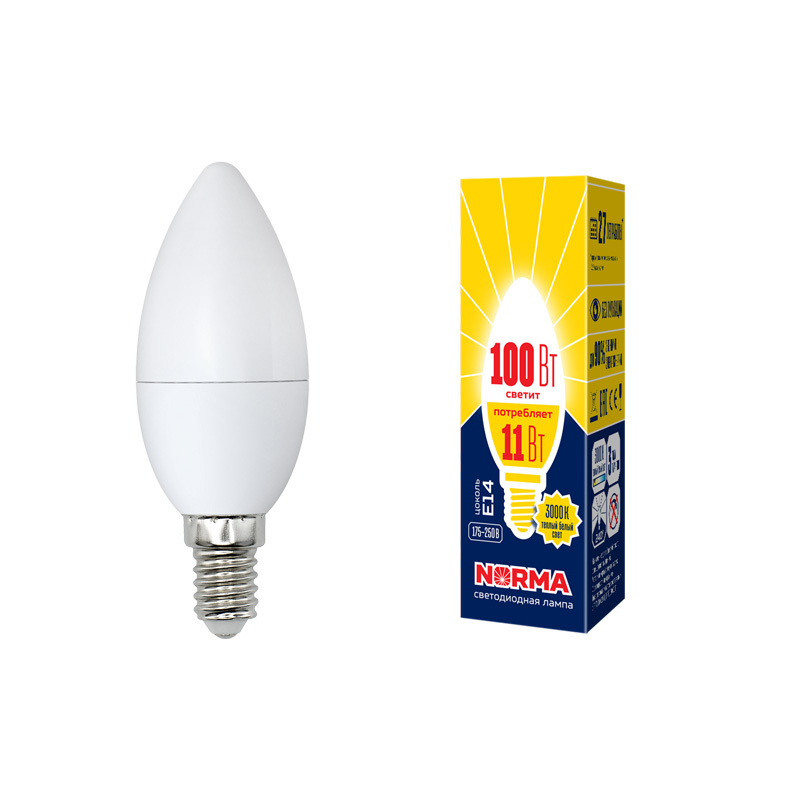 Лампа светодиодная (UL-00003812) Volpe E14 11W 3000K матовая LED-C37-11W/WW/E14/FR/NR Лампа светодиодная (UL-00003812) Volpe E14 11W 3000K матовая LED-C37-11W/WW/E14/FR/NR