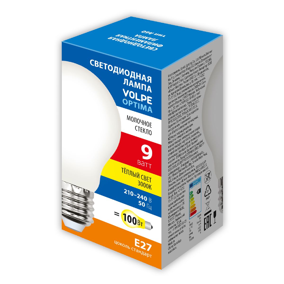 Лампа светодиодная Volpe Optima LED-A60-9W/3000K/E27/FR/SLF UL-00008300 Лампа светодиодная Volpe Optima LED-A60-9W/3000K/E27/FR/SLF UL-00008300