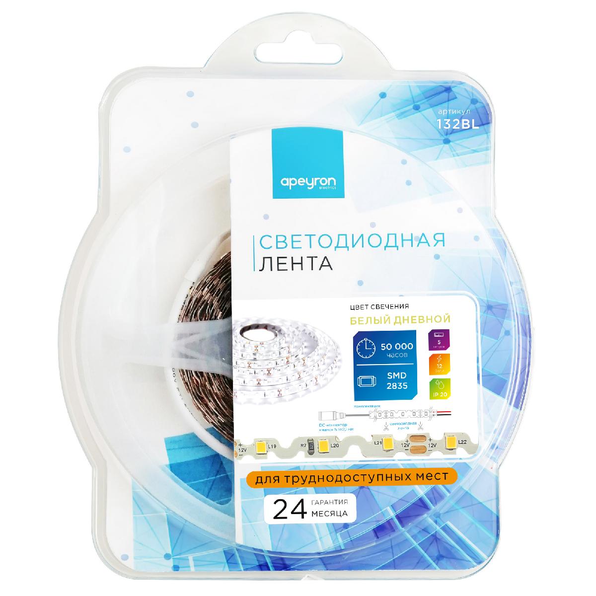 Светодиодная лента Apeyron 12В СТ 4,8Вт/м smd2835 60д/м IP20 400Лм/м 5м 4000К 132BL
