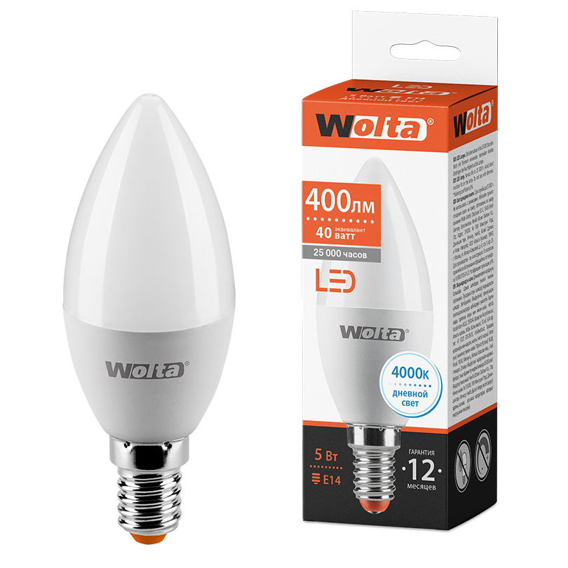Светодиодная лампа WOLTA 5Вт 4000K E14 свеча матовая 25SC5E14 Светодиодная лампа WOLTA 5Вт 4000K E14 свеча матовая 25SC5E14