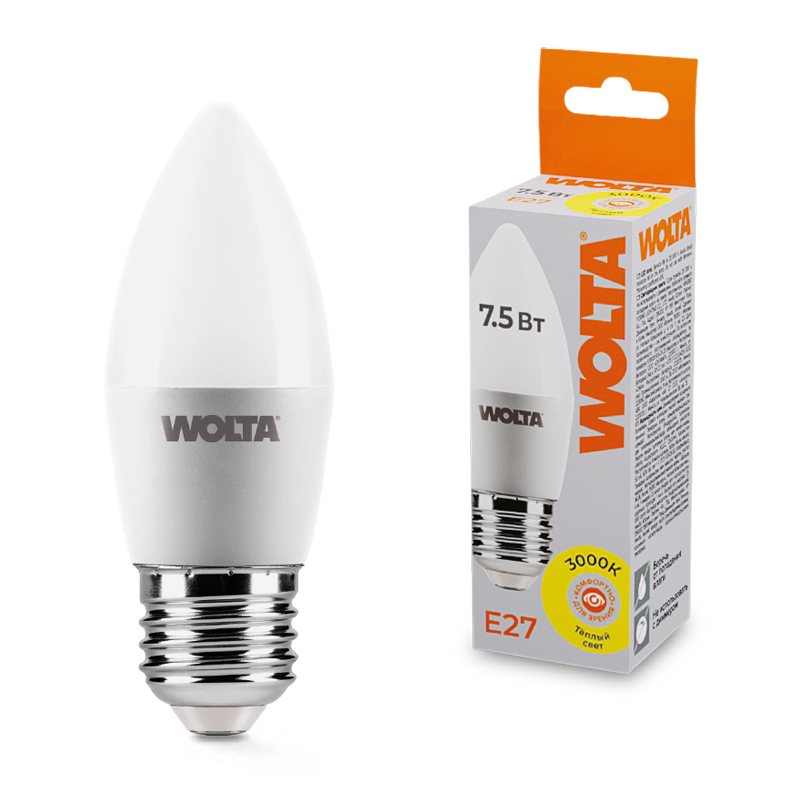 Светодиодная лампа WOLTA 7.5Вт 3000K E27 свеча матовая 25YC7.5E27