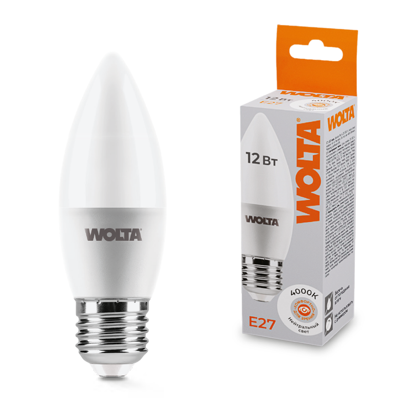 Светодиодная лампа WOLTA 12Вт 4000K Е27 свеча матовая 25SC12E27
