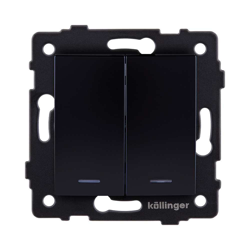 Выключатель кнопочный 2-клавишный 10А/250В с LED подсветкой, изогнутый, черный Kollinger REA-R-014BK для Aspekt, Eleganz, Reflex