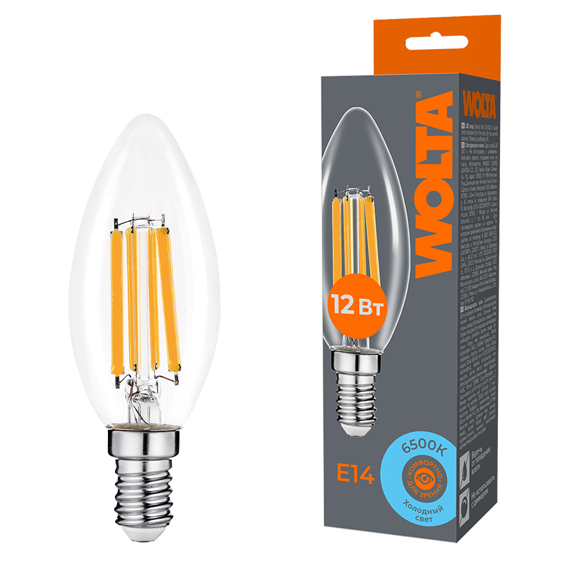 Лампа светодиодная филаментная WOLTA 12Вт 6500K Е14 свеча прозрачная WF-C35-12W6KE14