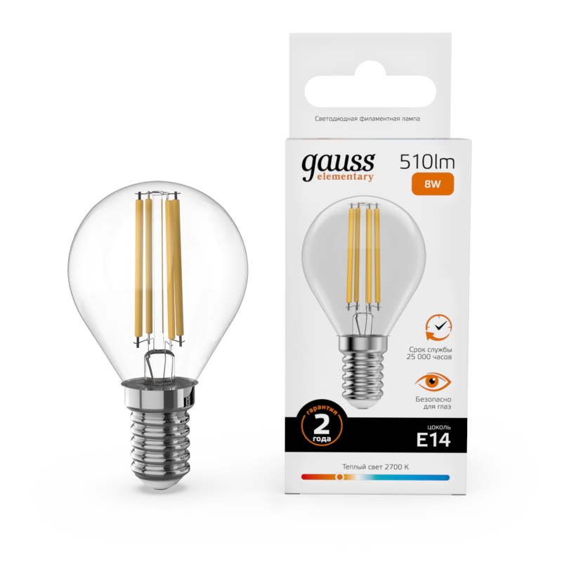 Лампа светодиодная Gauss Filament Elementary E14 8W 2700K 52118 Лампа светодиодная Gauss Filament Elementary E14 8W 2700K 52118