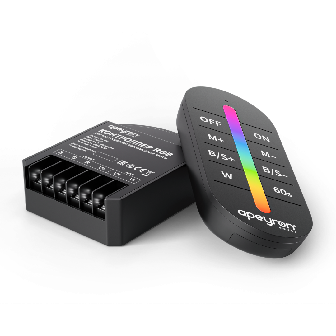 Контроллер RGB 12В/24В, 288вт/576Вт, 3 канала, 24А, IP20, ПДУ RF сенсорный (без батареек) Apeyron 04-103