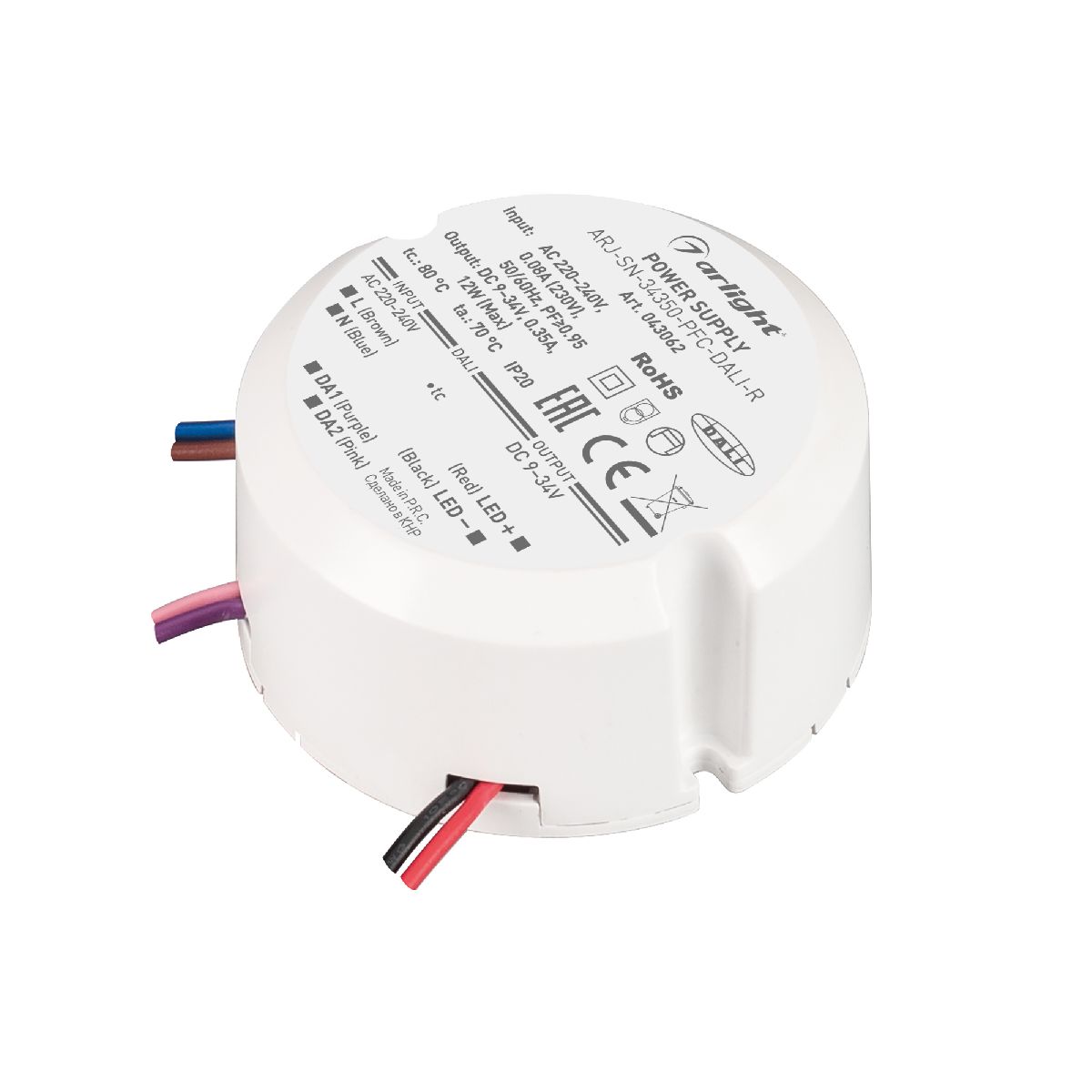 Блок питания Arlight ARJ-SN-34350-PFC-DALI-R (12W, 9-34V, 0.35A) 043062 Блок питания Arlight ARJ-SN-34350-PFC-DALI-R (12W, 9-34V, 0.35A) 043062