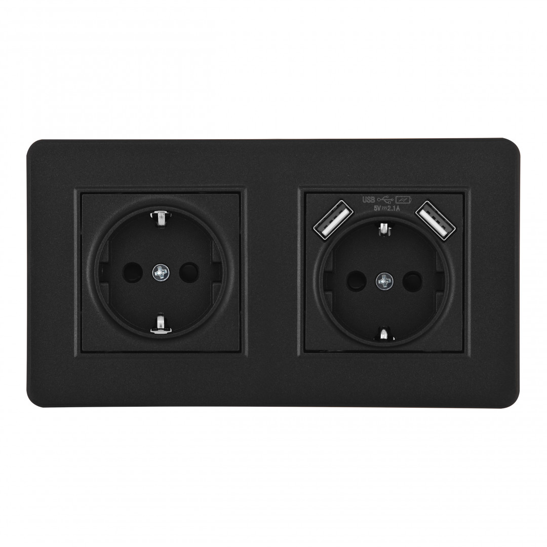 Розетка двойная (двухпостовая) с/з и шторками + USB Arte Milano SET16-2-47-1-40-1 black