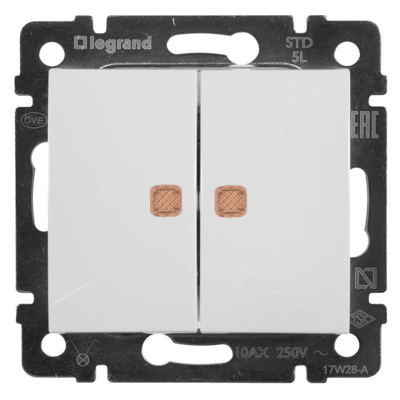 Переключатель двухклавишный Legrand Valena 10A 250V с подсветкой белый 774213