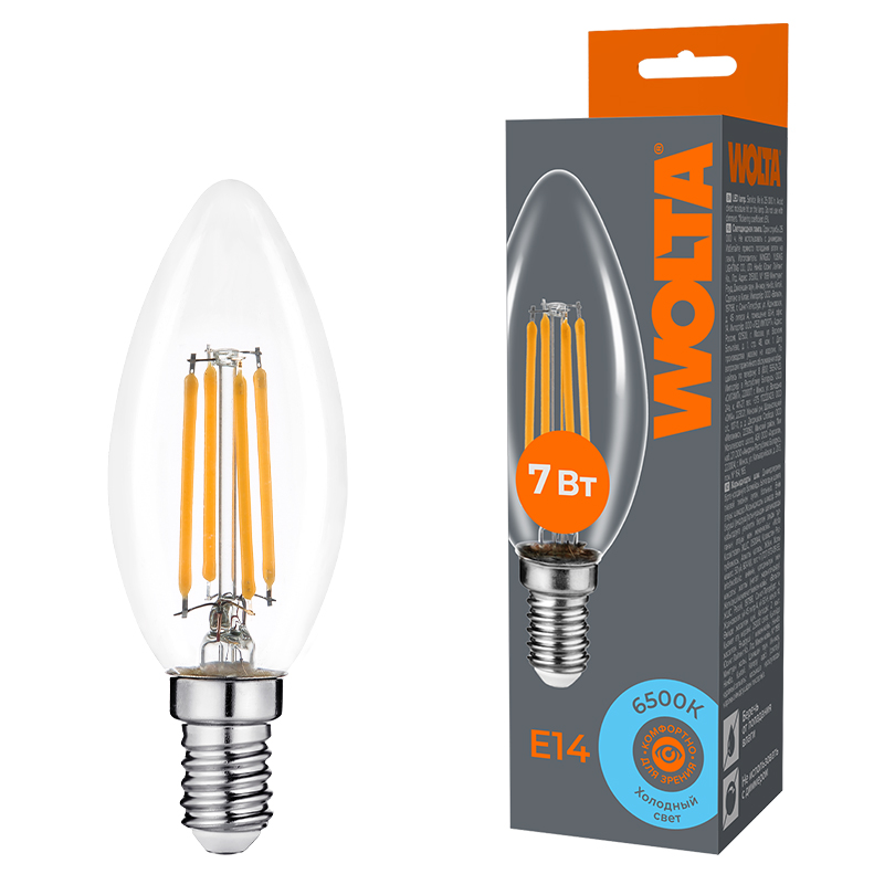 Лампа светодиодная филаментная WOLTA 7Вт 6500K Е14 свеча прозрачная WF-C35-7W6KE14
