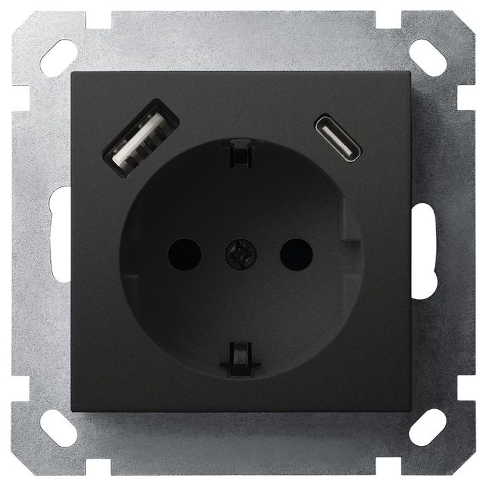 Розетка SHUKO Jasmart с USB тип USB A-C с защитными шторками черный матовый (soft touch) 25W 16A 250V 2P+T G5501USB-25PB