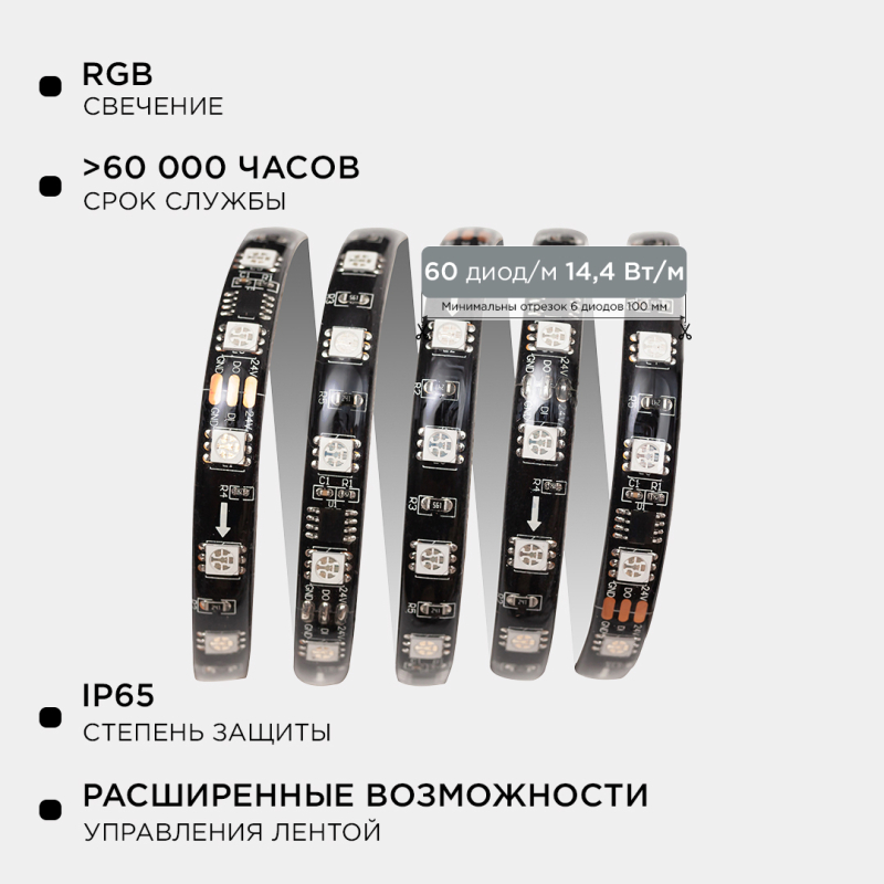 Комплект адресной светодиодной ленты Apeyron 24В 14,4Вт/м smd5050 60д/м IP65 10м RGB (адаптер питания, контроллер)  10-102 Комплект адресной светодиодной ленты Apeyron 24В 14,4Вт/м smd5050 60д/м IP65 10м RGB (адаптер питания, контроллер)  10-102