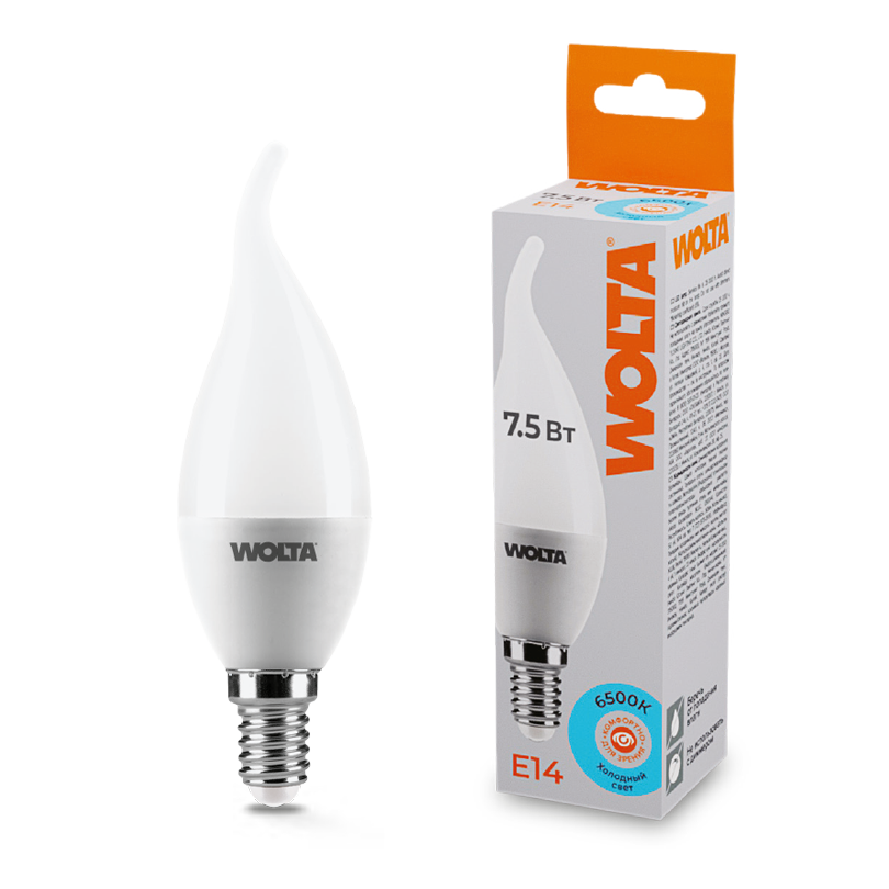 Светодиодная лампа WOLTA 7.5Вт 6500K E14 свеча на ветру матовая 25WCD7.5E14
