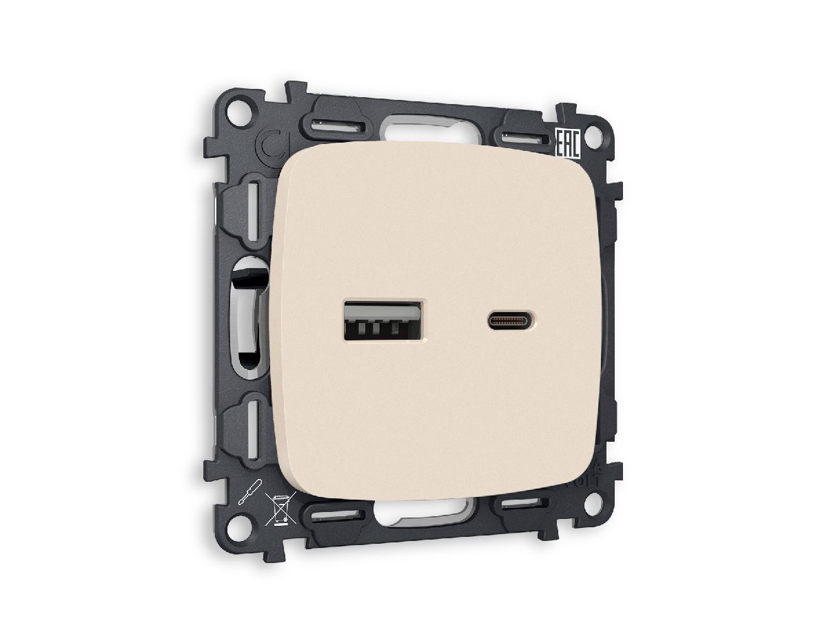 Комплект механизма розетки 2USB A+C 20W (быстрая зарядка) Ambrella Volt Omega MO331010