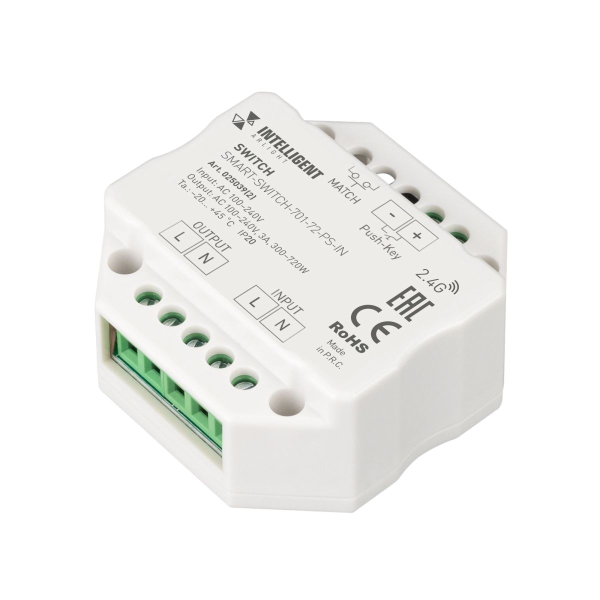 Релейный модуль Arlight SMART-SWITCH-701-72-PS-IN (230V, 1x3A, 2.4G) 025039(2)