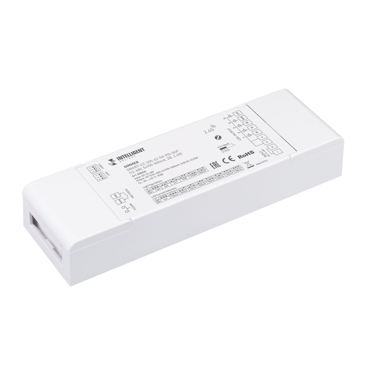 Диммер Arlight SMART-CC-205-62-SH-PD-SUF (12-48V, 5x150-500mA, ZB, 2.4G) 038236 Диммер Arlight SMART-CC-205-62-SH-PD-SUF (12-48V, 5x150-500mA, ZB, 2.4G) 038236