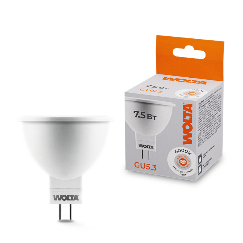 Светодиодная лампа WOLTA 7.5Вт 4000K GU5.3 матовая 25SMR16-220-7.5GU5.3