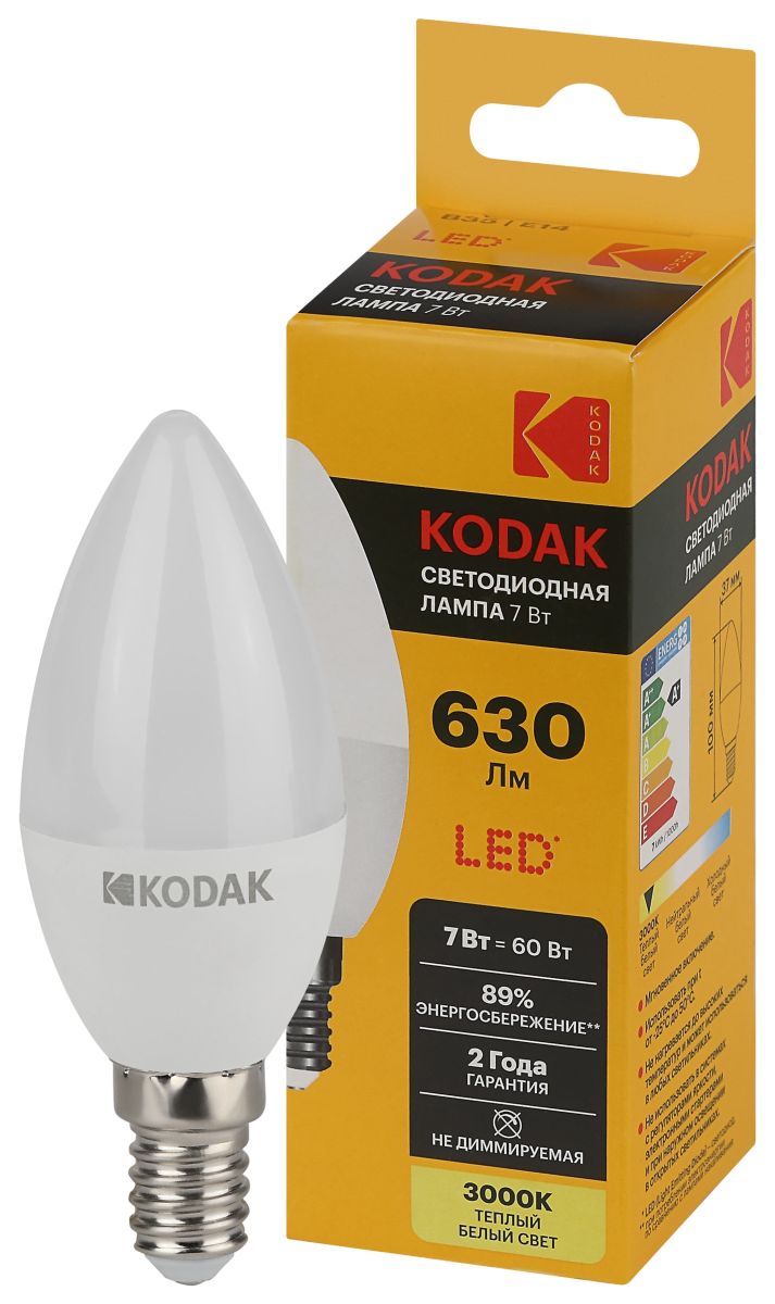 Лампа светодиодная Kodak LED B35-7W-830-E14 K 7Вт свеча теплый белый свет Е14 Б0057623