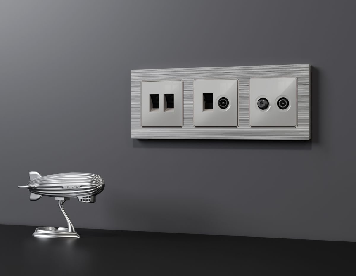 Лицевая панель Alfa (Серебро глянец) для компьютерной/телефонной двойной розетки RJ-45/RJ-11 Quant Ambrella Volt AP4121